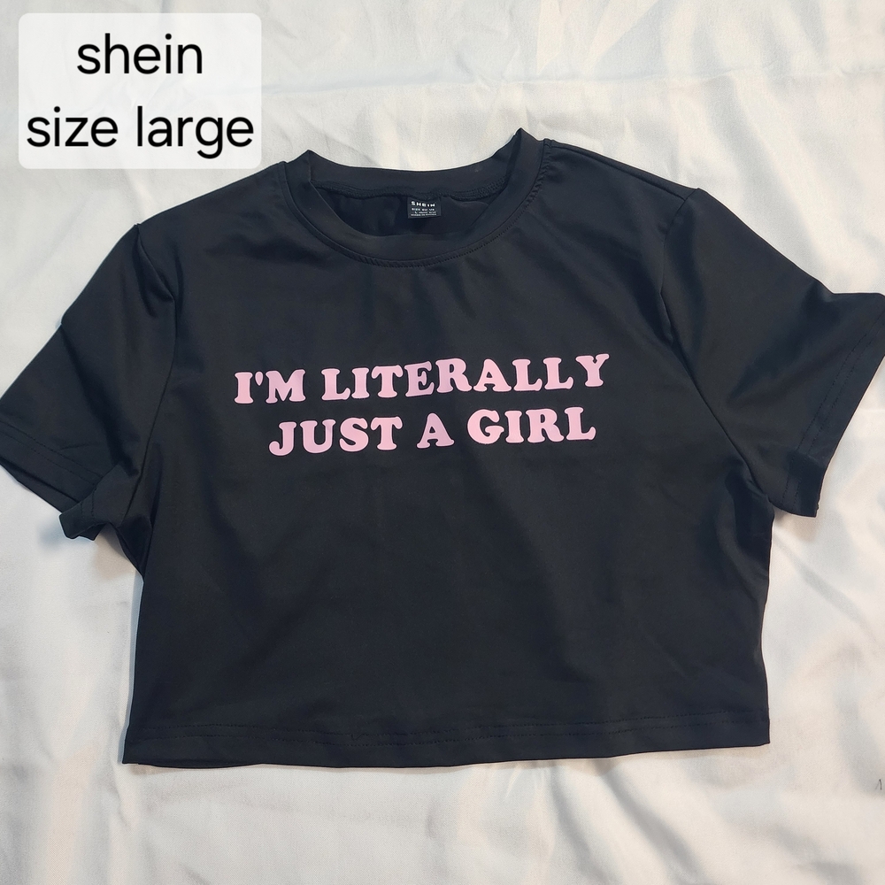SHEIN Black Crop Top with Pink Text